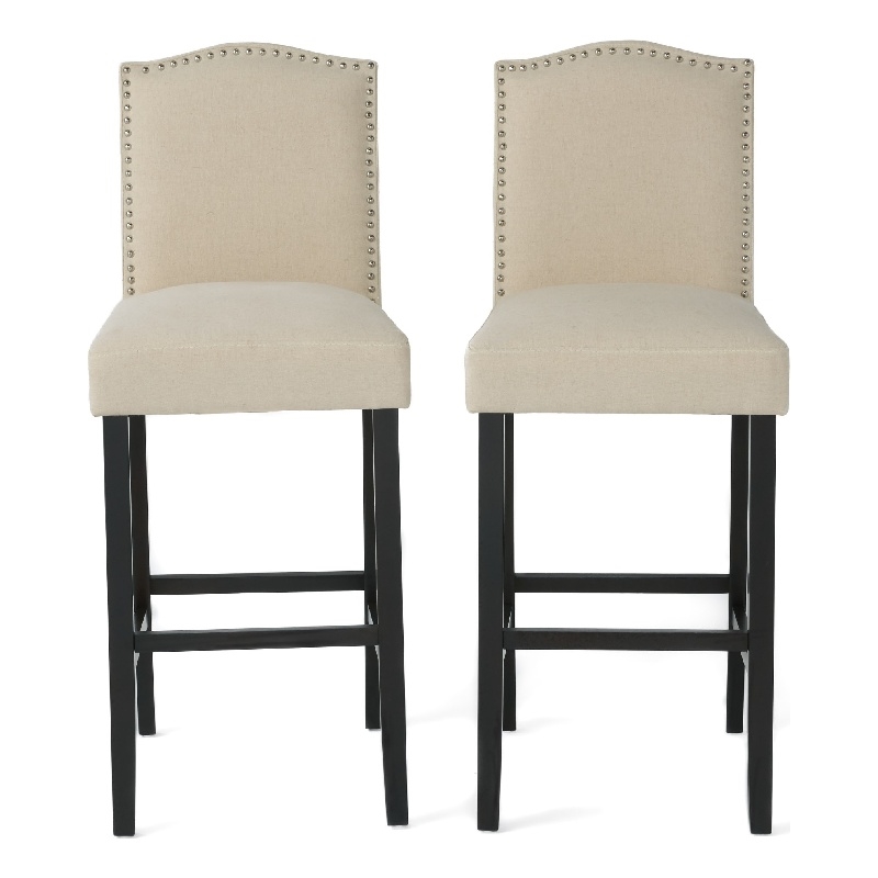 Marky Barstool Chair Set of 2- Arched Back and Footrest- Beige Fabric