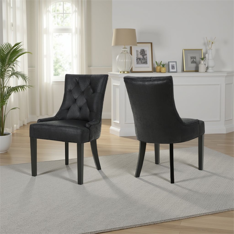 Chen Dining Chair Set of 2- Curved Back- Black Diamond Tuft Microfiber