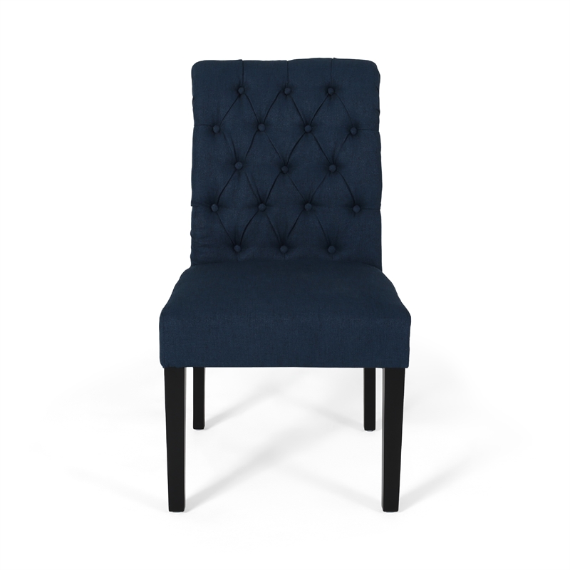 Mein Dining Chair Set of 2- Rolled Top Button Tufted- Blue Polyester