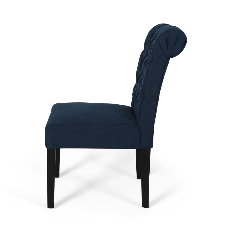 Mein Dining Chair Set of 2- Rolled Top Button Tufted- Blue Polyester
