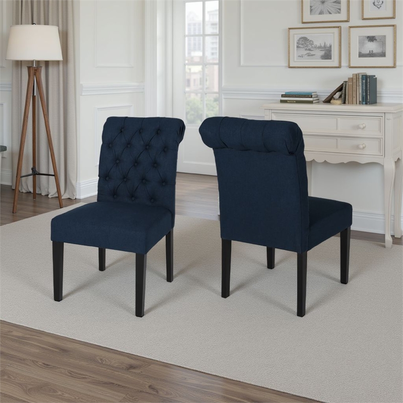 Mein Dining Chair Set of 2- Rolled Top Button Tufted- Blue Polyester