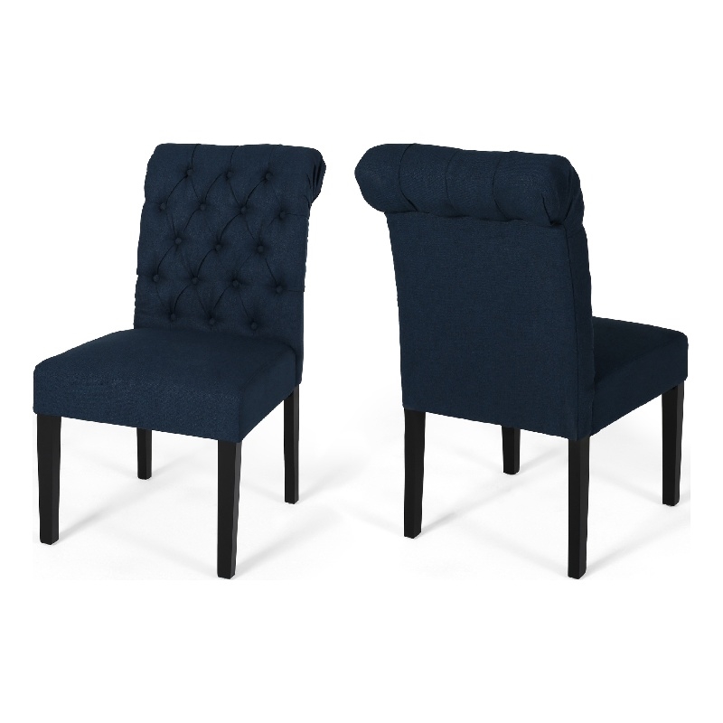 Mein Dining Chair Set of 2- Rolled Top Button Tufted- Blue Polyester
