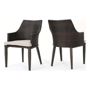 Ellish Outdoor Chair Set of 2- Metal Legs- Brown Rattan- Beige Fabric