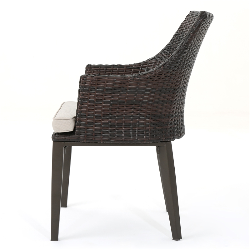 Ellish Outdoor Chair Set of 2- Metal Legs- Brown Rattan- Beige Fabric
