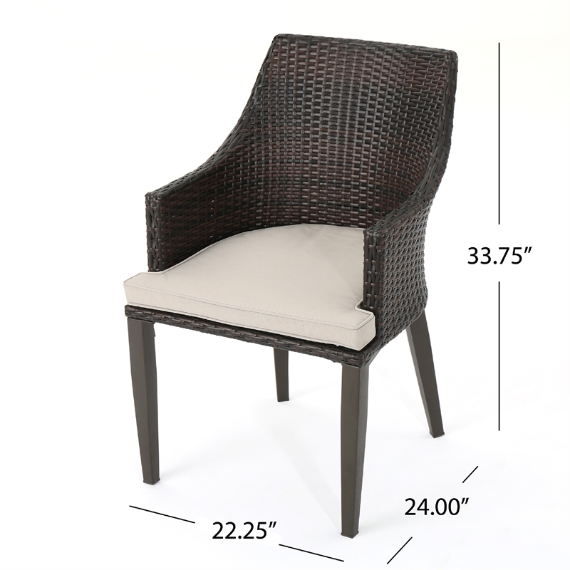 Ellish Outdoor Chair Set of 2- Metal Legs- Brown Rattan- Beige Fabric