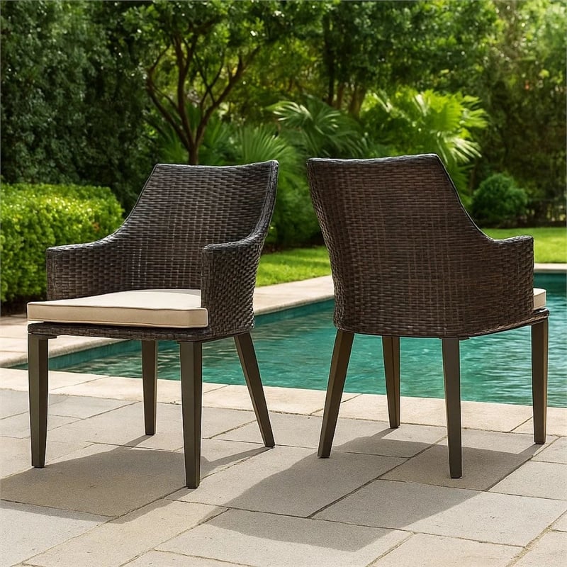 Ellish Outdoor Chair Set of 2- Metal Legs- Brown Rattan- Beige Fabric