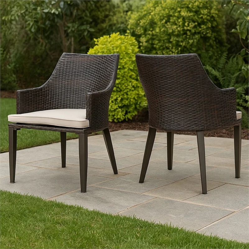 Ellish Outdoor Chair Set of 2- Metal Legs- Brown Rattan- Beige Fabric