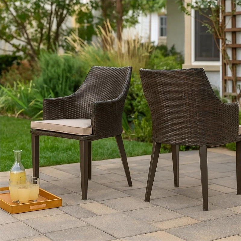 Ellish Outdoor Chair Set of 2- Metal Legs- Brown Rattan- Beige Fabric