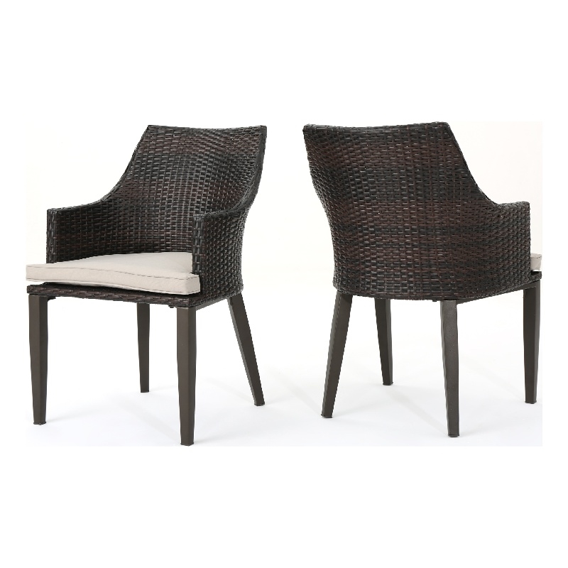 Ellish Outdoor Chair Set of 2- Metal Legs- Brown Rattan- Beige Fabric