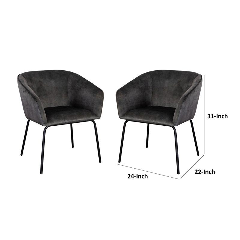 Voro Dining Chair Set of 2- Gray Velvet- Sleek Black Metal Legs