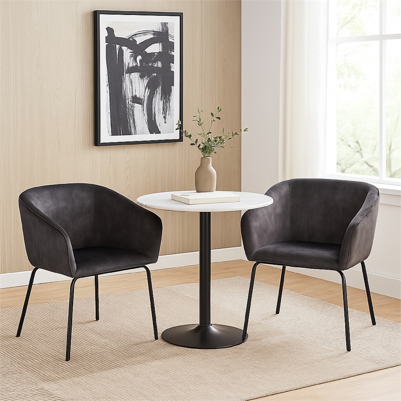 Voro Dining Chair Set of 2- Gray Velvet- Sleek Black Metal Legs