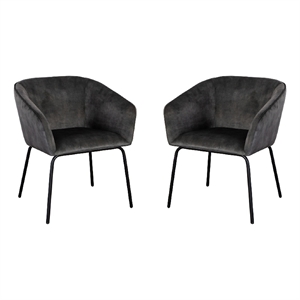 Voro Dining Chair Set of 2- Gray Velvet- Sleek Black Metal Legs