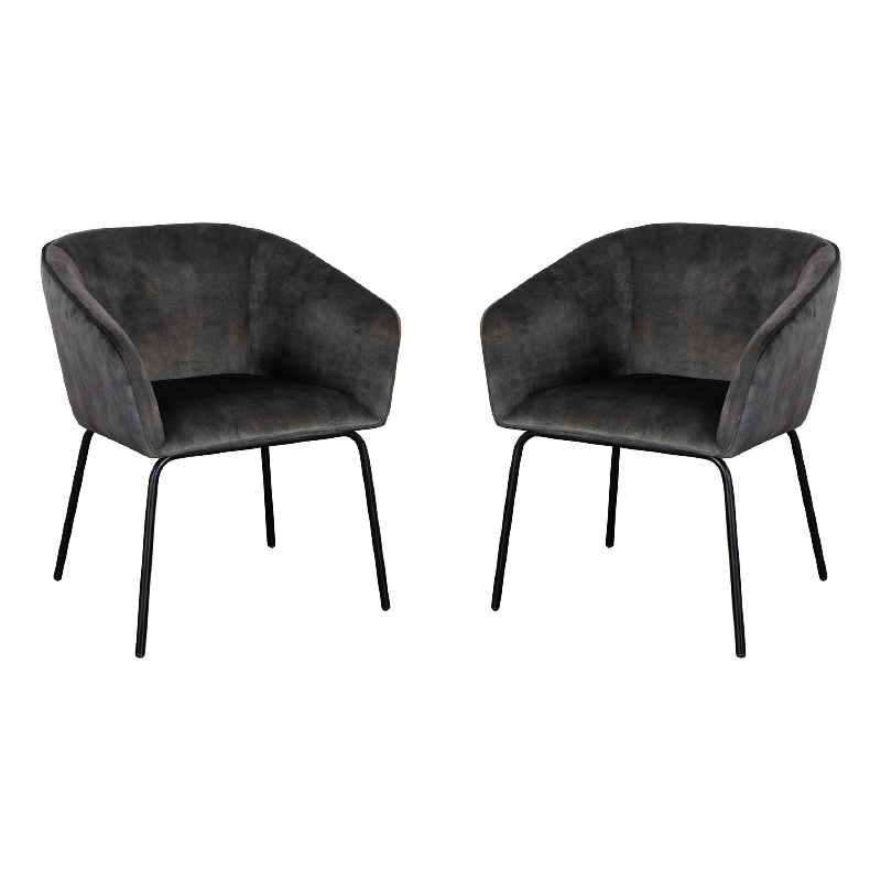 Voro Dining Chair Set of 2- Gray Velvet- Sleek Black Metal Legs