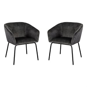 Voro Dining Chair Set of 2- Gray Velvet- Sleek Black Metal Legs