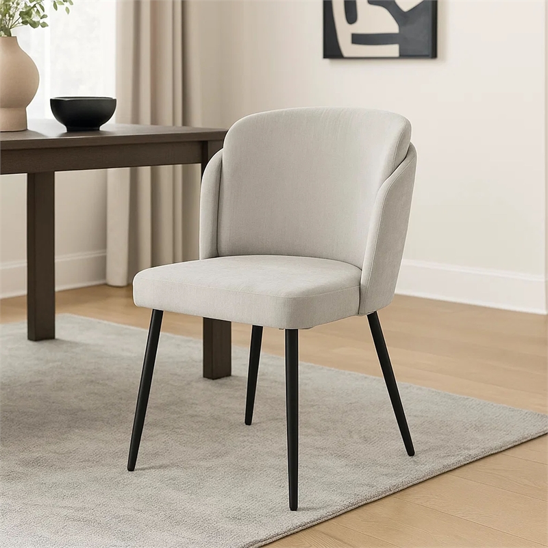 Griz Dining Side Chair Set of 2- Curved Back- Cream White Polyester- Black