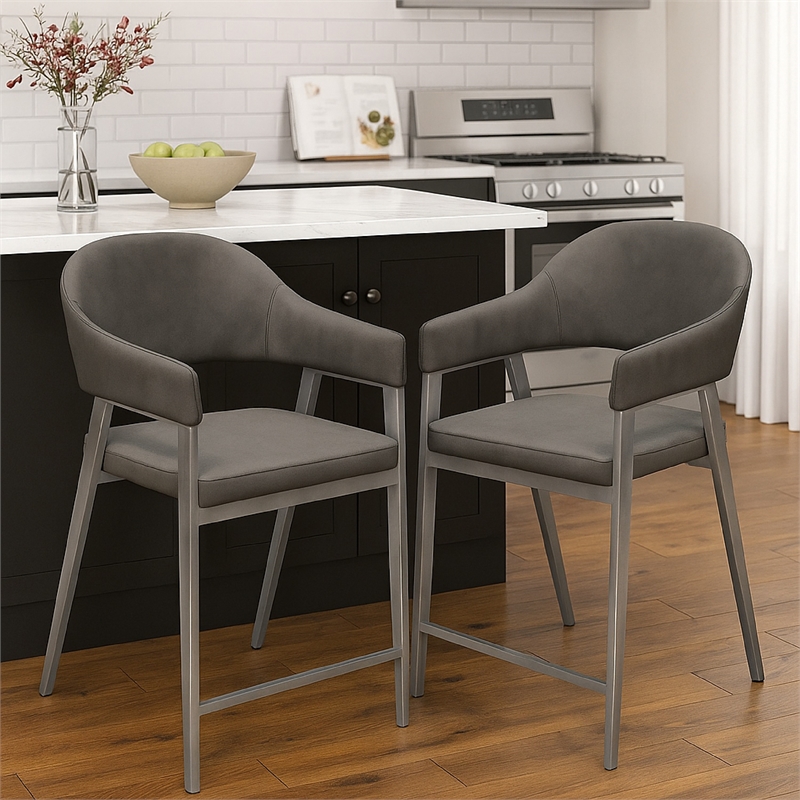 Arie Counter Height Chair Set of 2- Gray Faux Leather Seat and Back