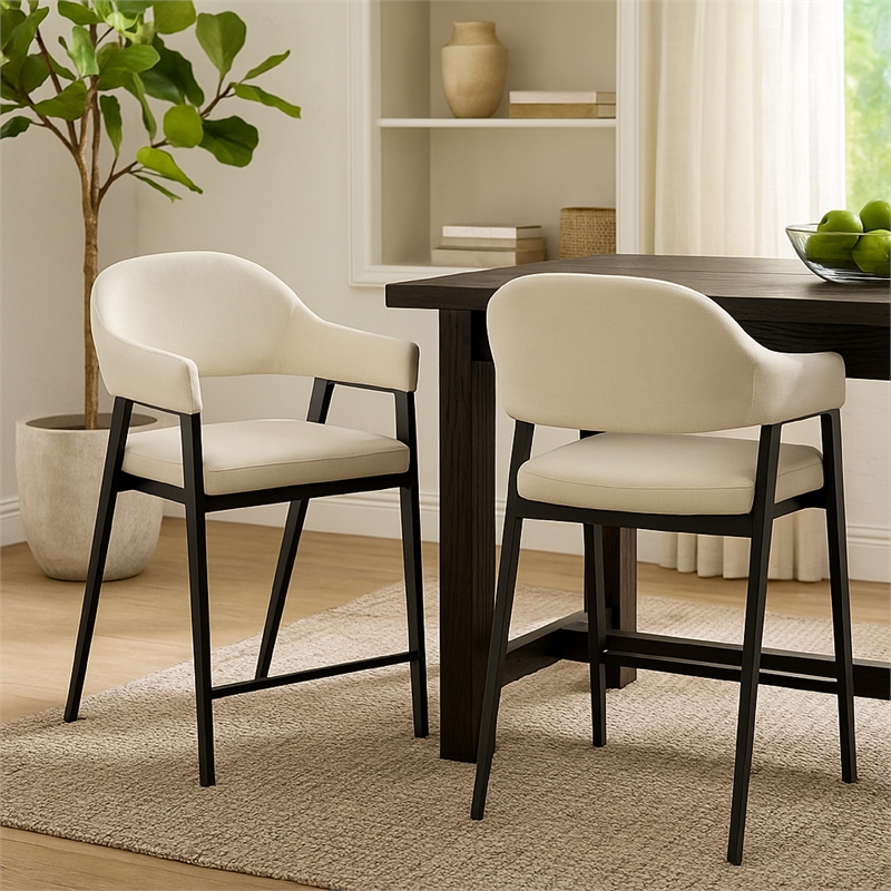 Arie Counter Height Chair Set of 2- Cream White Polyester- Black Legs