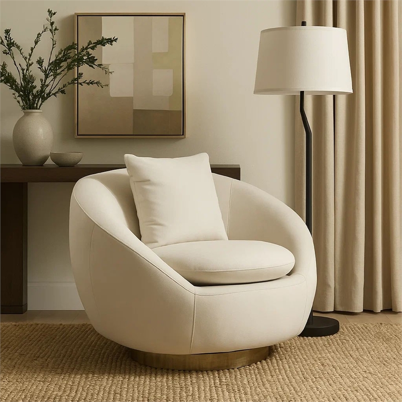 Dela Swivel Accent Chair with Pillow- Cream Velvet- Brushed Gold Base