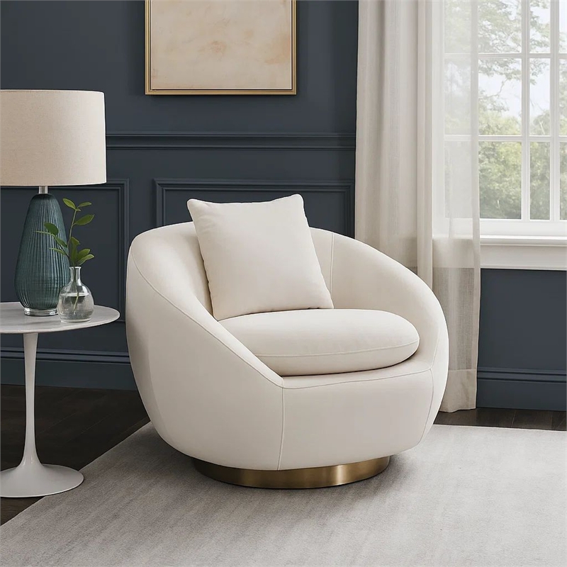 Dela Swivel Accent Chair with Pillow- Cream Velvet- Brushed Gold Base