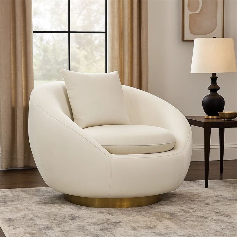 Dela Swivel Accent Chair with Pillow- Cream Velvet- Brushed Gold Base