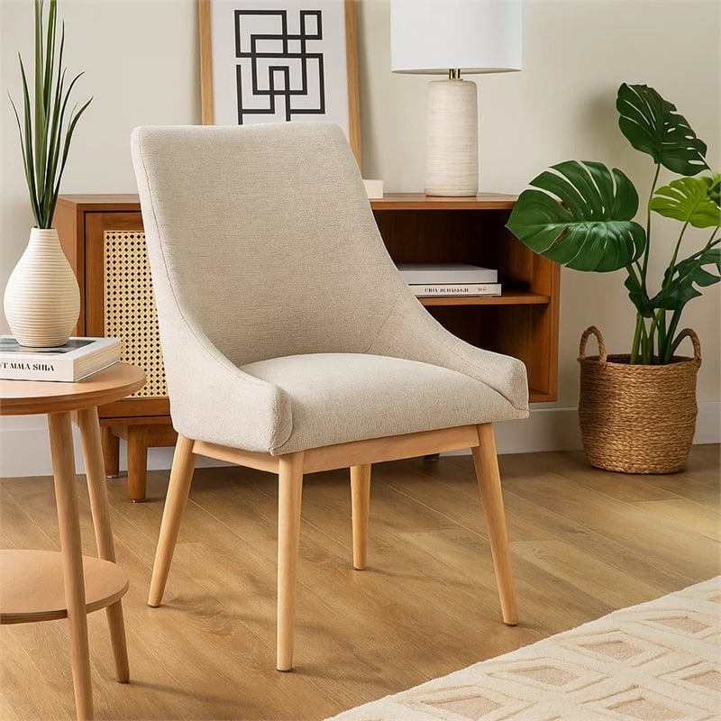 Livvy High Back Dining Chair Set of 2- Light Gray Fabric- Wheat Brown Wood