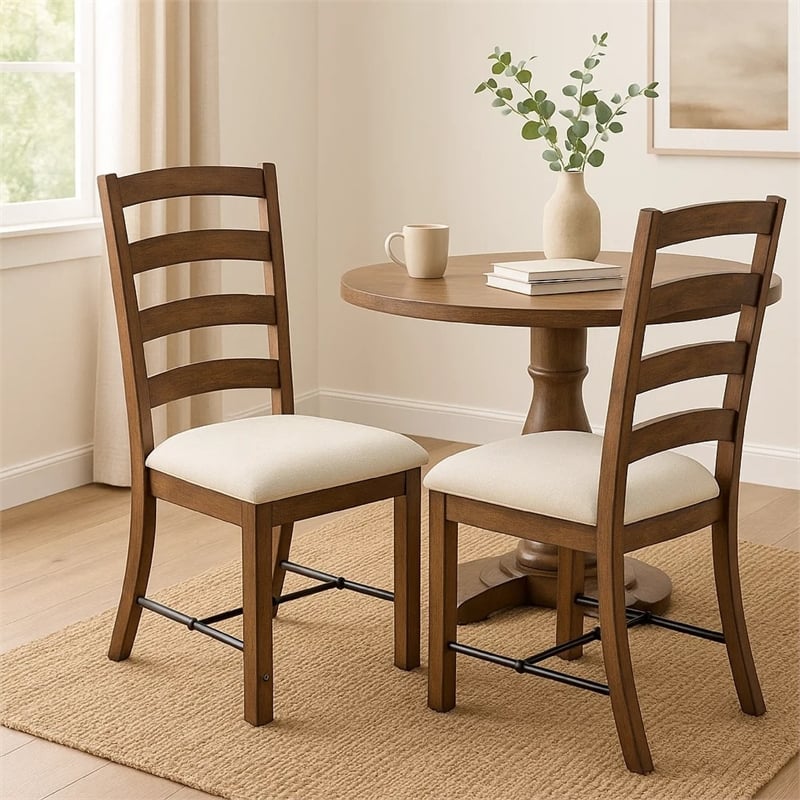 Yael Ladderback Dining Chair Set of 2- White Seat- Brown Solid Mahogany