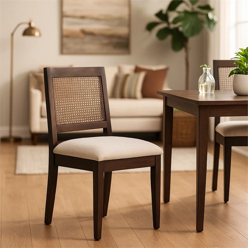 Zemi Dining Chair Set of 2- Rattan Back- Beige- Dark Brown Solid Wood