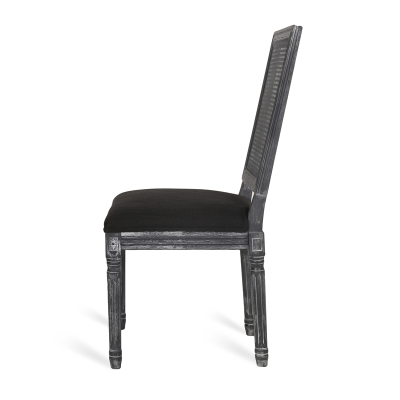 Marsie Dining Chair Set of 2- Black Fabric- Wood Frame Cane Backrest
