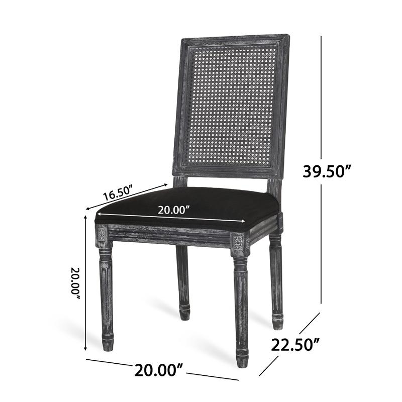 Marsie Dining Chair Set of 2- Black Fabric- Wood Frame Cane Backrest