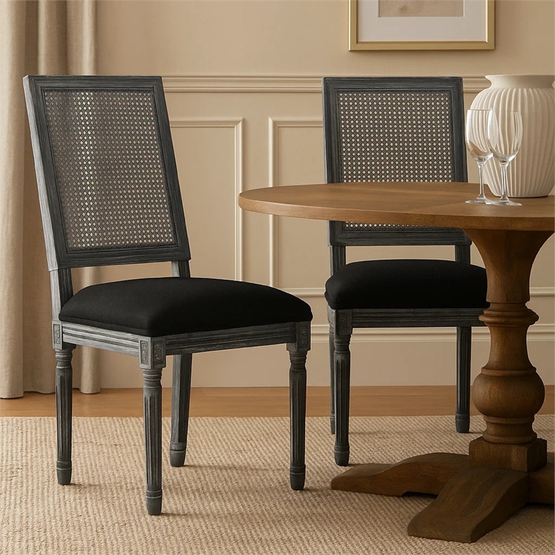 Marsie Dining Chair Set of 2- Black Fabric- Wood Frame Cane Backrest