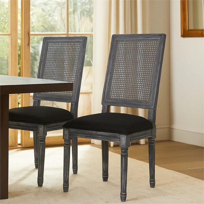 Marsie Dining Chair Set of 2- Black Fabric- Wood Frame Cane Backrest