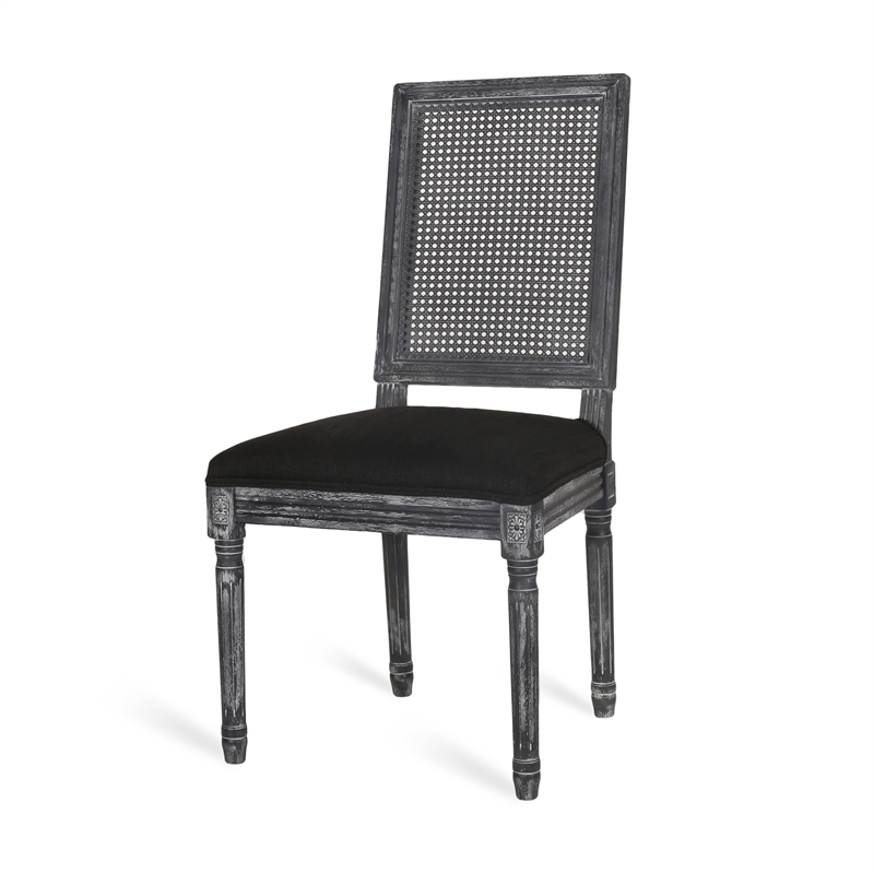 Marsie Dining Chair Set of 2- Black Fabric- Wood Frame Cane Backrest