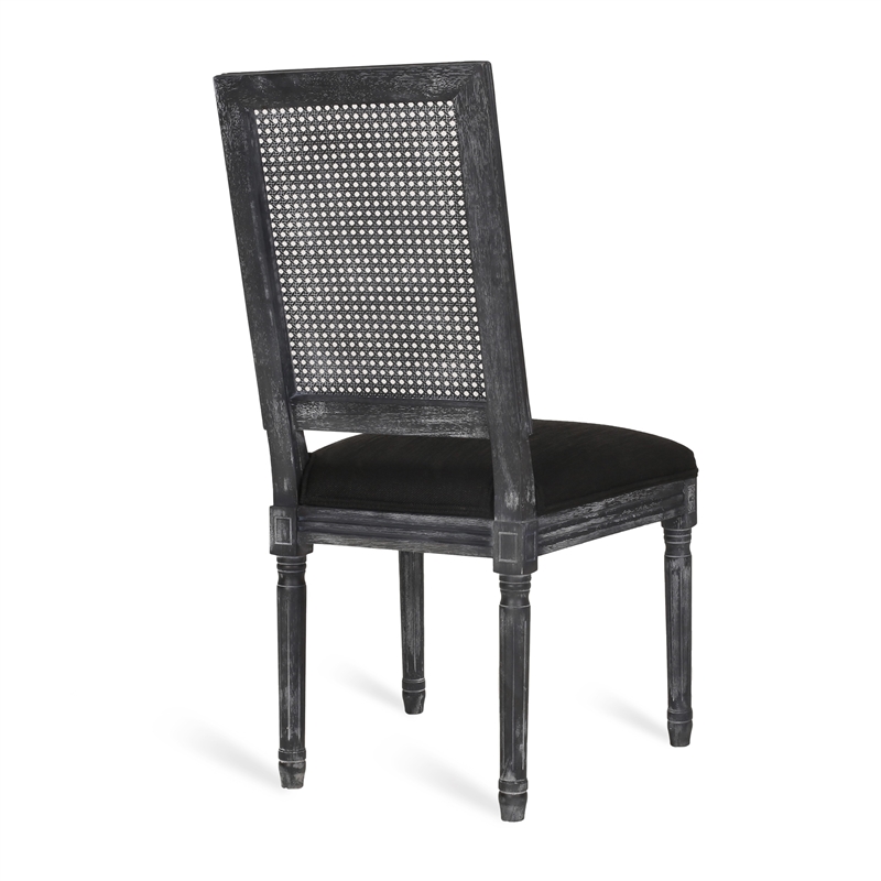 Marsie Dining Chair Set of 2- Black Fabric- Wood Frame Cane Backrest