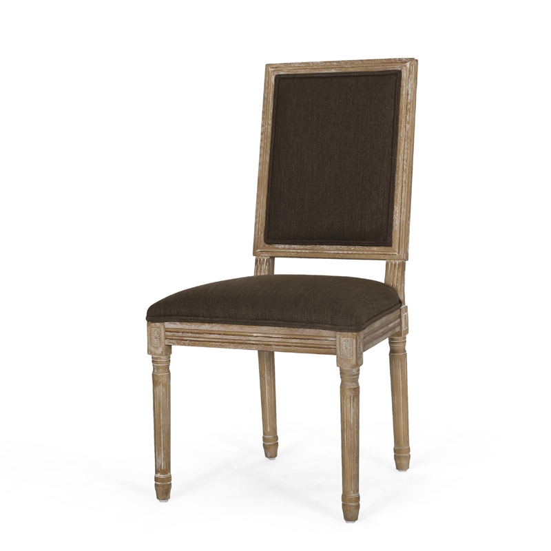 Kevin Dining Chair Set of 2- Brown Fabric Padded Seat- Natural Wood