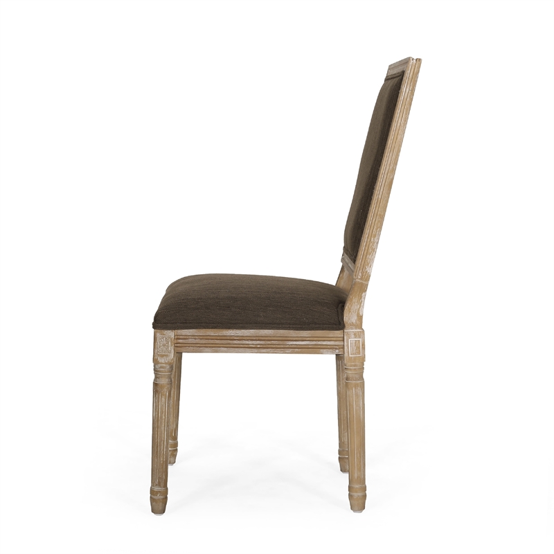 Kevin Dining Chair Set of 2- Brown Fabric Padded Seat- Natural Wood