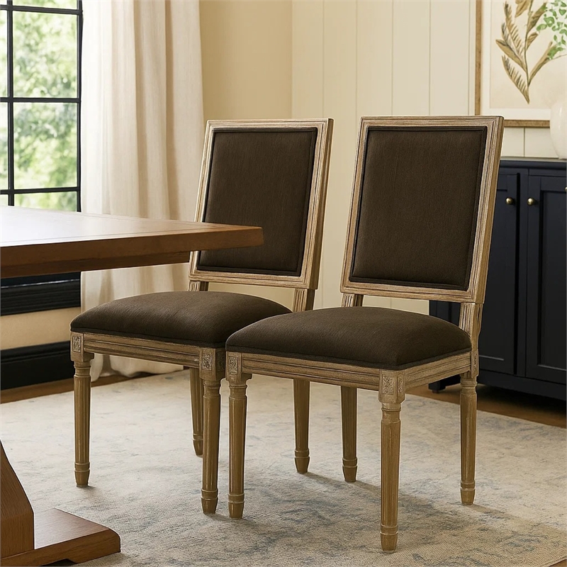 Kevin Dining Chair Set of 2- Brown Fabric Padded Seat- Natural Wood