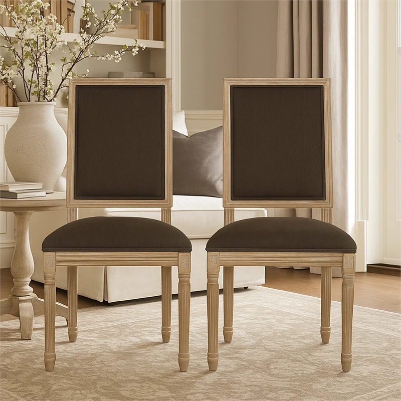 Kevin Dining Chair Set of 2- Brown Fabric Padded Seat- Natural Wood