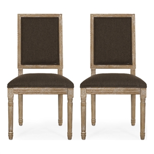 Kevin Dining Chair Set of 2- Brown Fabric Padded Seat- Natural Wood