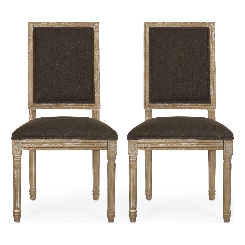 Kevin Dining Chair Set of 2- Brown Fabric Padded Seat- Natural Wood