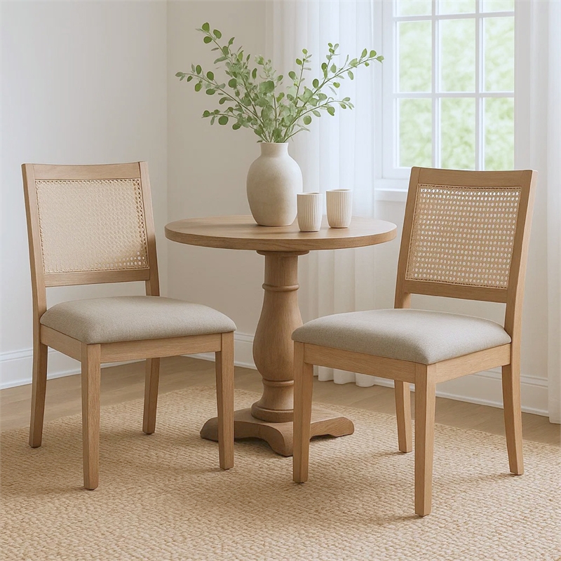 Zemi Dining Chair Set of 2- Rattan- Beige- Natural Brown Solid Wood