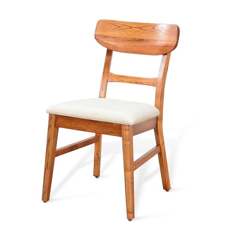 Amy Dining Chair Set of 2- Curved Back- Beige Seat- Light Brown Solid Wood