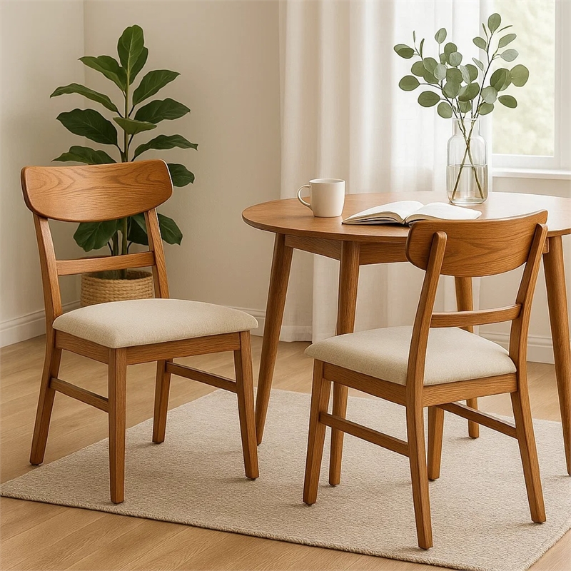 Amy Dining Chair Set of 2- Curved Back- Beige Seat- Light Brown Solid Wood