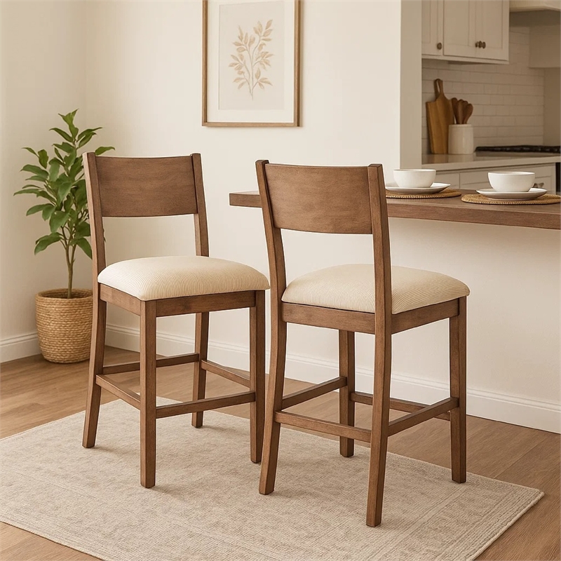 Giby Counter Height Chair Set of 2- Beige Padded Seat- Solid Wood Brown