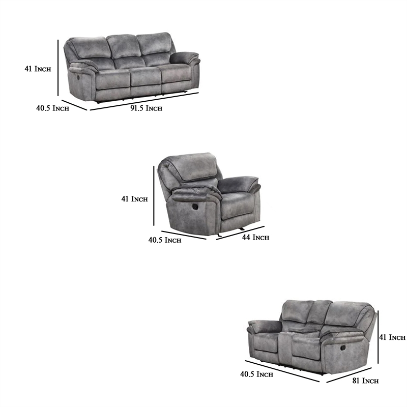 Arisa 3pc Sofa- Loveseat- Chair Manual Recliner Set- Gray Faux Leather