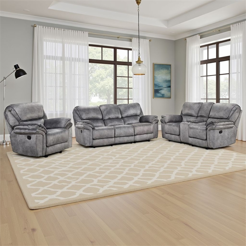 Arisa 3pc Sofa- Loveseat- Chair Manual Recliner Set- Gray Faux Leather