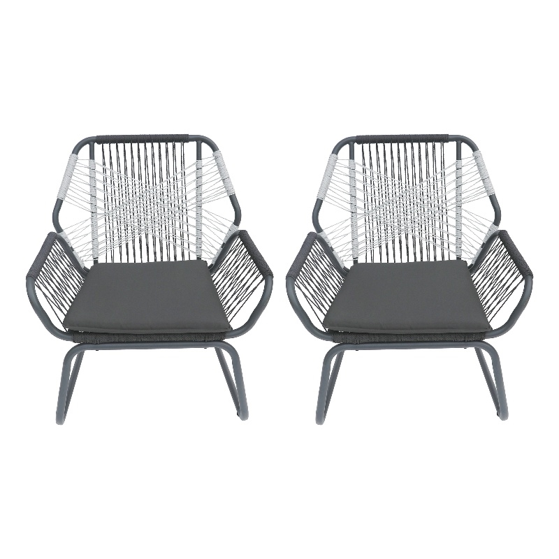 Ciao Accent Club Chair Set of 2- Outdoor Gray Cushions- Gray Rope and Steel