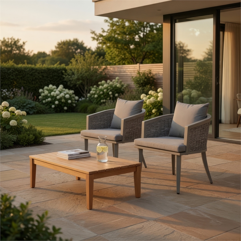 Ruble Accent Chair Set of 2- Gray Waterproof Fabric- Outdoor Rattan- Iron