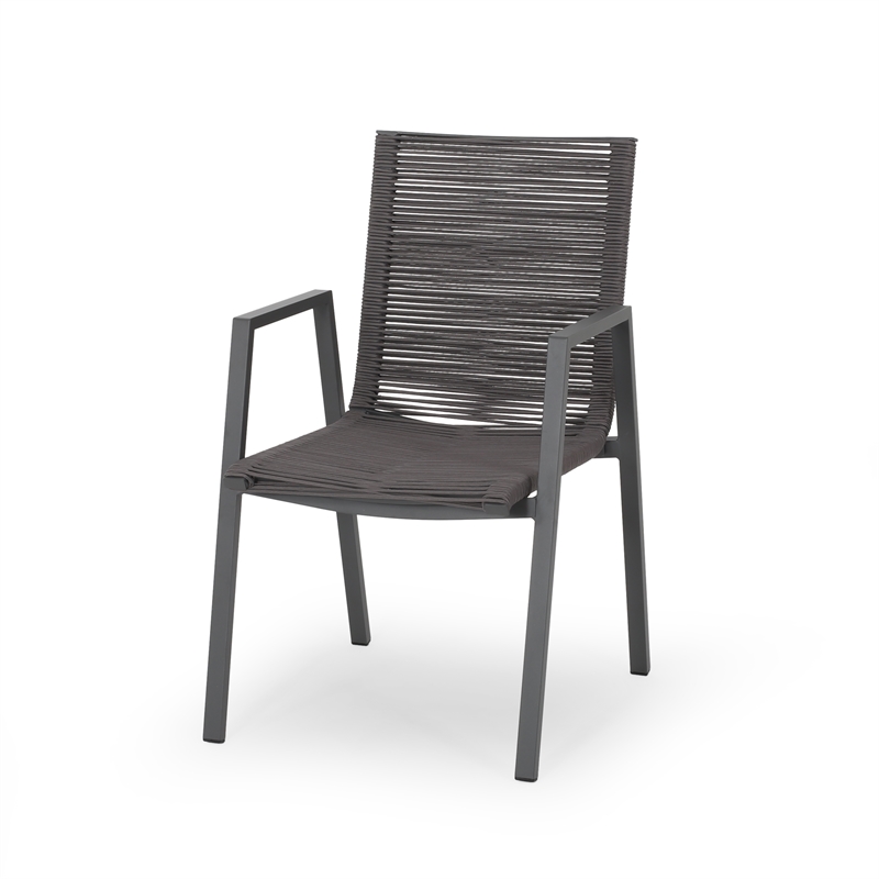Teny Outdoor Dining Chair Set of 2- Dark Gray Metal. Woven Rope Seat Back