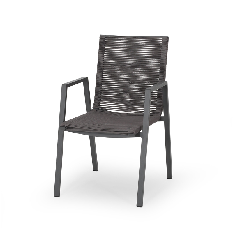Teny Outdoor Dining Chair Set of 2- Dark Gray Metal. Woven Rope Seat Back