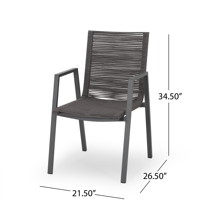 Teny Outdoor Dining Chair Set of 2- Dark Gray Metal. Woven Rope Seat Back